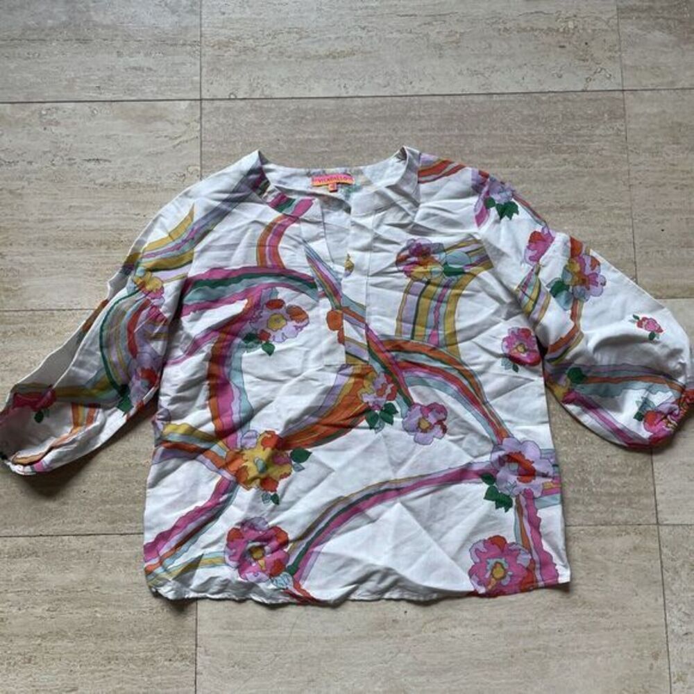 Vilagallo Size 42 Blouse Top Linen Cotton Vneck Casual Artsy Rainbowโ New